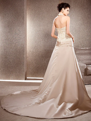 Princess A-Line Wedding Dresses V Neck Chapel Train Lace Satin Sleeveless Wedding Dress in Color with Lace Ruched Flower