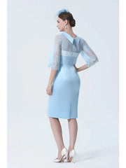 Mother of the Bride Dress See Through Jewel Neck Knee Length Charmeuse Half Sleeve with Lace Sash Ribbon