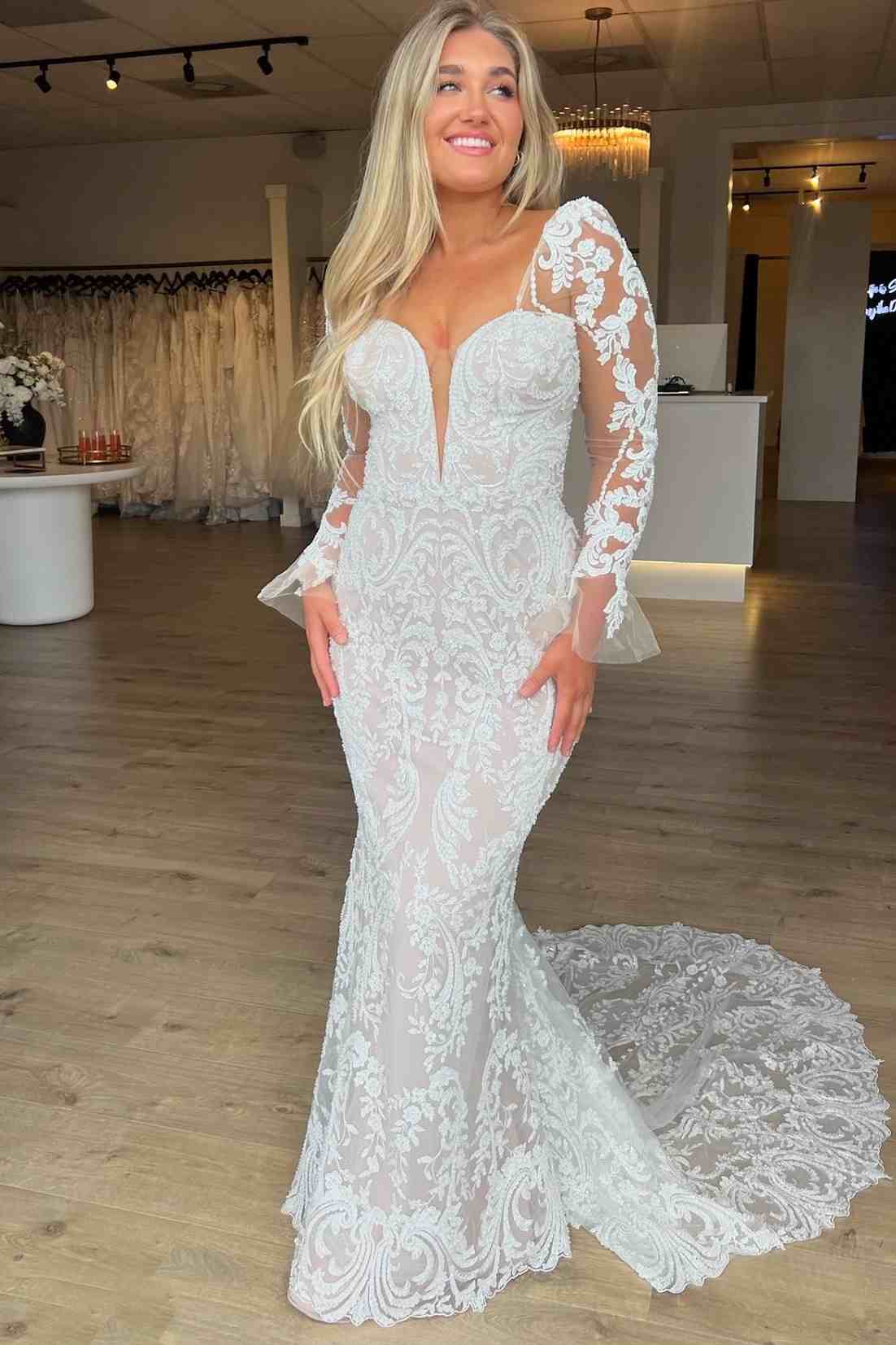 Applique Plunging V Neck Mermaid Lace Wedding Dress with Long Sleeves