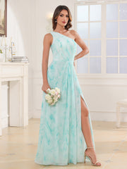One-Shoulder Chiffon Max Dresses with Slit Minty Cloud