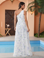 Lavender Floral One-Shoulder Chiffon Max Dresses with Slit