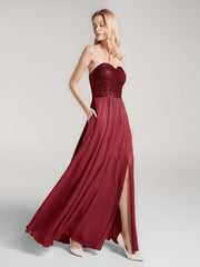 Strapless Sweetheart Sequins Lace Top Chiffon Dress-Burgundy