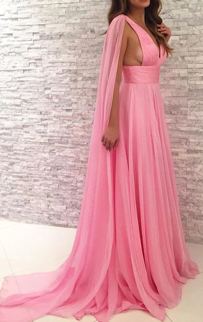 Chiffon Deep V Neck Long Bridesmaid Dress Simple Prom Gown