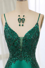 Wholesale Dark Green Spaghetti Straps Mermaid Satin Prom Dress With Appliques prom dresses with long sleeves