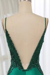 Wholesale Dark Green Spaghetti Straps Mermaid Satin Prom Dress With Appliques prom dresses with long sleeves