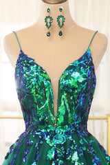 Wholesale Glitter Dark Green A-Line Tulle Spaghetti Straps Long Prom Dress With Sequin prom dresses with long sleeves