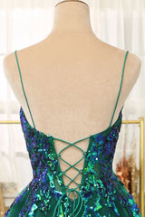 Wholesale Glitter Dark Green A-Line Tulle Spaghetti Straps Long Prom Dress With Sequin prom dresses with long sleeves
