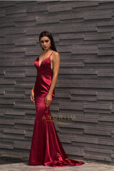 Long Mermaid V-neck Satin Backless Prom Dresses