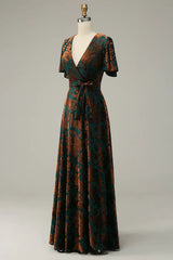 Burnout Velvet V Neck Dark Green Mother of Bride Dress Short Sleeves Elegant Evening Dress
