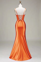 Navy Mermaid Spaghetti Straps Corset Prom Dress with Split Front