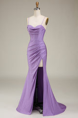 Satin Spaghetti Straps Lilac Purple Prom Dress with Corset