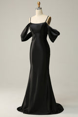 Black Cold Shoulder Mermaid Satin Prom Dress