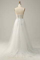 A Line Spaghetti Straps White Tulle Prom Dress
