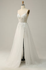 A Line Spaghetti Straps White Tulle Prom Dress