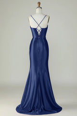 Royal Blue Mermaid Spaghetti Straps Long Prom Dress With Slit