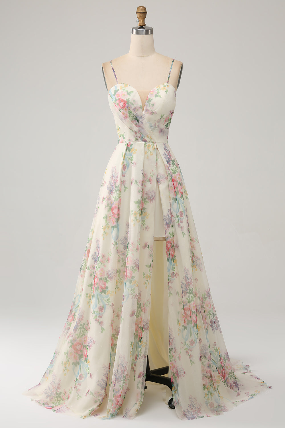 A-Line Flower Printed Ivory Prom Dress with Slit