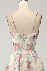 A-Line Flower Printed Ivory Prom Dress with Slit