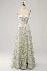 A Line Light Green Sweetheart Corset Prom Dress with Embroidery