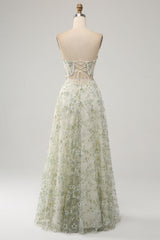 A Line Light Green Sweetheart Corset Prom Dress with Embroidery