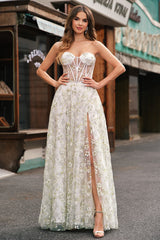A Line Light Green Sweetheart Corset Prom Dress with Embroidery