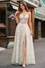 A Line Light Green Sweetheart Corset Prom Dress with Embroidery