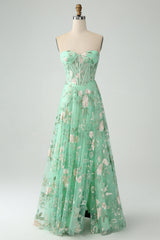A Line Light Green Sweetheart Corset Prom Dress with Embroidery