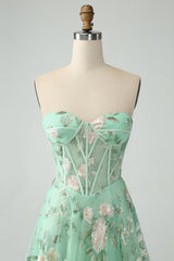 A Line Light Green Sweetheart Corset Prom Dress with Embroidery