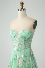 A Line Light Green Sweetheart Corset Prom Dress with Embroidery