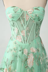 A Line Light Green Sweetheart Corset Prom Dress with Embroidery