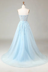Wholesale Luxurious Glitter Light Blue Long Corset Prom Dress With Sweep Train prom dresses shops