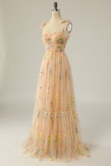 A Line Spaghetti Straps Black Long Prom Dress with Embroidery