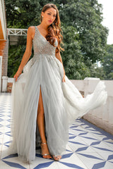 Grey V Neck Beaded Long Prom Dress