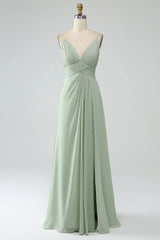 Dusty Sage A-line thin shoulder pleated chiffon long bridesmaid dress