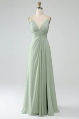 Dusty Sage A-Line Spaghetti Straps Pleated Chiffon Long Bridesmaid Dress