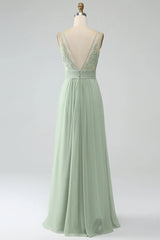 Dusty Sage A-line thin shoulder pleated chiffon long bridesmaid dress