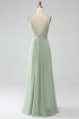 Dusty Sage A-Line Spaghetti Straps Pleated Chiffon Long Bridesmaid Dress