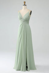 Dusty Sage A-line thin shoulder pleated chiffon long bridesmaid dress