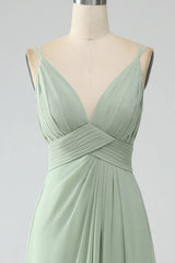 Dusty Sage A-line thin shoulder pleated chiffon long bridesmaid dress
