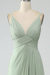 Dusty Sage A-Line Spaghetti Straps Pleated Chiffon Long Bridesmaid Dress