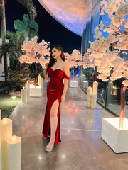 Sexy Off The Shoulder Slit Long Mermaid Prom Dress Velvet Evening Dress SH1030