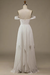 Aimishang Ivory Boho Chiffon Asymmetrical Wedding Dress with Lace