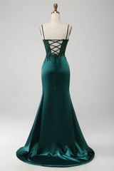 Aimishang Sparkly Dark Green Mermaid Sequin Pleated Corset Prom Dress With Slit