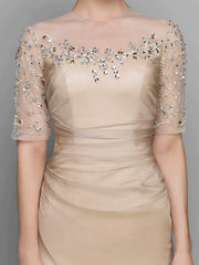 A-Line Mother of the Bride Dress Vintage Inspired Jewel Neck Ankle Length Chiffon Half Sleeve with Ruched Beading