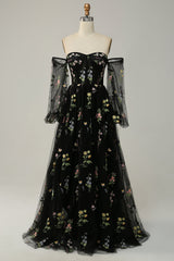 Black Off Shoulder Floral Long Prom Dress