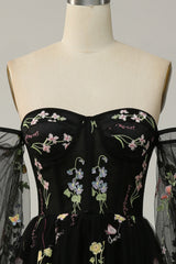 Black Off Shoulder Floral Long Prom Dress