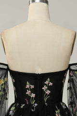 Black Off Shoulder Floral Long Prom Dress