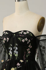 Black Off Shoulder Floral Long Prom Dress