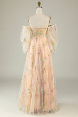 Black Off Shoulder Floral Long Prom Dress