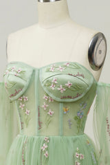 Green Off The Shoulder Long Sleeves A-Line Prom Dress