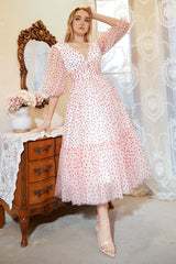 A Line Deep V Neck White Red Dot Tea Length Plus Size Prom Dress